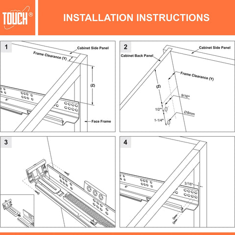 Installation instructions for undermount drawer slides rear brackets in face frame cabinets, showing measurements and positioning.
