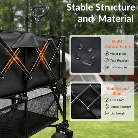 Close-up of Heavy Duty Collapsible Beefy Double Decker Wagon with Tailgate 55 Inch Long Foldable Cart 600 Lbs Capacity
