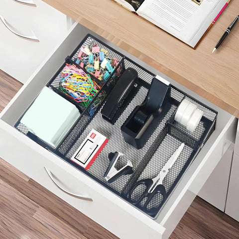 Black Office Supplies Set With Desk Drawer Organizer And All In One Desk Kit Including Stapler Tape Dispenser Tape Staple Remover