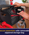 Heavy Duty Dual Function Rollator And Compact Transport Wheelchair In Vibrant Red Featuring Rapid Adjust Backrest, showing removable zippered storage bag.