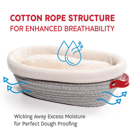 Cotton Rope Banneton Bread Proofing Basket Set With Liners And Covers, showing oval basket with cotton rope and breathable liner.