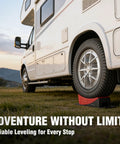 Heavy Duty Nine Piece Rv Leveling Blocks Kit Rated Eight Thousand Pounds For Camper And Travel Trailer Stabilizers under RV wheel on grass.