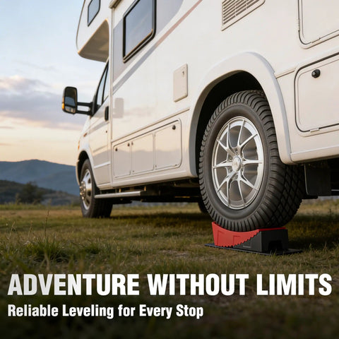 Heavy Duty Nine Piece Rv Leveling Blocks Kit Rated Eight Thousand Pounds For Camper And Travel Trailer Stabilizers under RV wheel on grass.