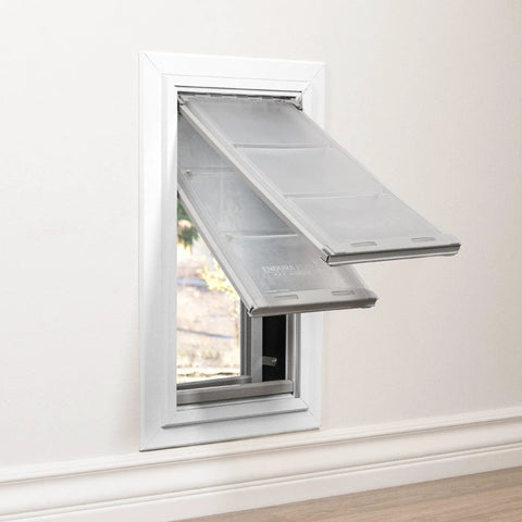 Premium Wall Mount Pet Door In White Xl Featuring Energy Efficient Double Flap Design with flexible polymer flaps for easy pet access.