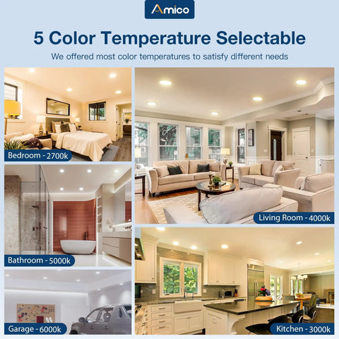 5 Color Temperature Selectable in various rooms using 12 Pack Slim LED Semi Recessed Canless Downlights Kit DIY Ready With Junction Box 5 Inch 5CCT Dimmable 2700K To 6000K 12W 1000LM Equivalent To 80W Fits 3.5 To 4.5 Inch Hole ETL Listed Easy Install