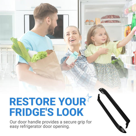 Family in kitchen with black gloss refrigerator door handle replacement set for models 5304506471 displayed below