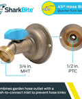 Straight Up Heavy Duty Brass Push To Connect Hose Bibb With Quarter Turn Shut Off Valve And 45 Degree Anti Kink Angle for easy access.