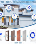 Wireless Doorbell Kit No Fuss Setup With 1300 Feet Range Waterproof Chime System 58 Melodies 5 Volume Levels LED Flash Perfect For Home Or Classroom Includes 2 Push Buttons And 4 Receivers installed on house exterior.