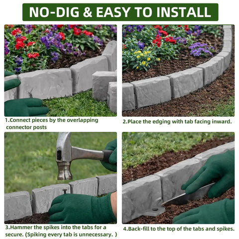Steps to install faux stone look landscape edging border 17ft long, 2.75in tall, no dig setup with anchoring spikes, gray.