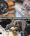 Heavy Duty Universal Hub Puller Boasting Hella Tough Adjustable Sliding Arms For No Sweat Wheel Hub Extraction And Smooth Brake Drum Removal On Any Daily Driver, shown in use on different vehicles.