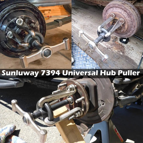 Heavy Duty Universal Hub Puller Boasting Hella Tough Adjustable Sliding Arms For No Sweat Wheel Hub Extraction And Smooth Brake Drum Removal On Any Daily Driver, shown in use on different vehicles.