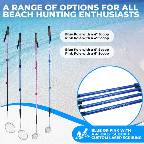 Back Saving Beach Sifter And Shovel Combo For Beachcombing, Adjustable Sea Glass Shell Shark Tooth Picker With A 4 Inch Basket, Doubles As A Walking Cane, Easy Scoop For Treasure Finds, Blue and Pink sifters on sandy beach background.