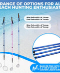 Beach Dipper Sifter Shovel For Beachcombing With 6 Inch Basket in blue and pink variations with 34-64in adjustable poles displayed on sandy beach.