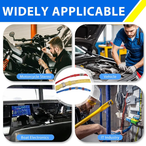 Solder Seal Wire Connectors Kit For Quick DIY Install With Waterproof Heat Shrink Sleeves Marine Grade Electrical Terminals And Insulated Butt Splices For Marine Automotive Boat Truck RV And Trailer Wiring shown with usage examples in motorcycle, vehicle, boat, and IT electronics.