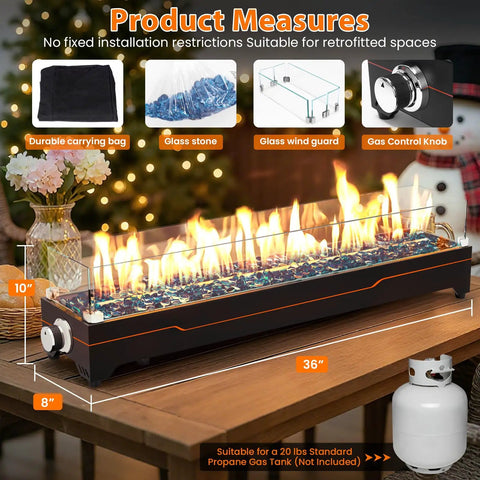 Tabletop Propane Fire Pit 50k BTU For Patio And Camping 36 Inch Long Fire Pit Table With Glass Wind Guard And Stainless Steel Burner