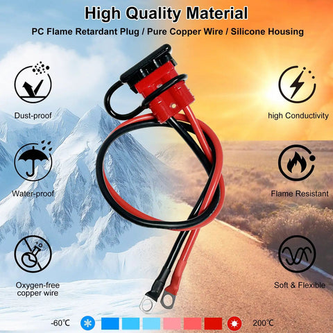 2 Pc 50A Battery Quick Connector Cables 1.64ft 8Awg with pure copper wire, rated for high conductivity and flame resistance.