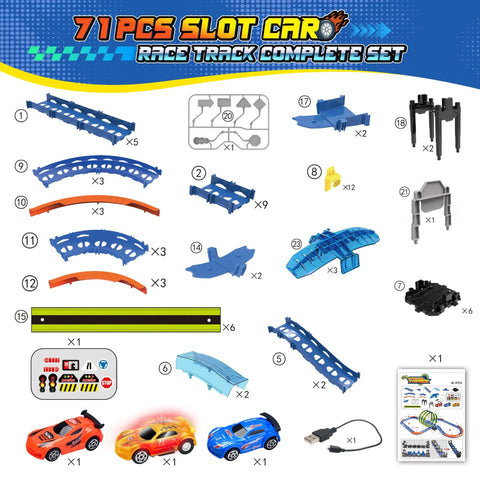 Slot Car Race Track Set With Glow In The Dark Tracks, 71 Pieces, USB Rechargeable Light Up Car, 360 Degree Triple Loops displayed