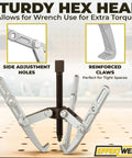 Three Jaw Gear Puller Kit 6 Inch Wheel Bearing Removal Tool with sturdy hex head and side adjustment holes.