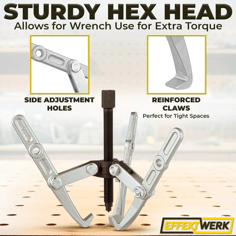 Three Jaw Gear Puller Kit 6 Inch Wheel Bearing Removal Tool with sturdy hex head and side adjustment holes.