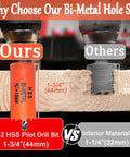 Front view of orange M42 HSS bi-metal hole saw, 1-3/4 in (44 mm), with 1/4 in hex shank adapter for wood.