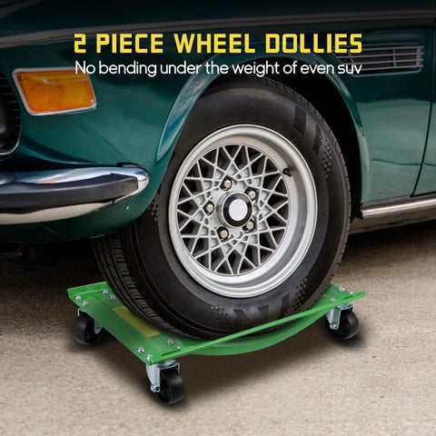 Green Pro Grade Heavy Duty Car Wheel Dolly Set Of Two For Maximum Vehicle Mobility 10000 Lb Capacity with car tire on dolly