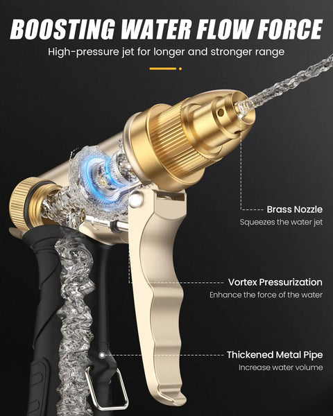 Heavy Duty Metal Garden Hose Nozzle With High Pressure And Adjustable Spray Patterns, brass and metal components, close-up view.