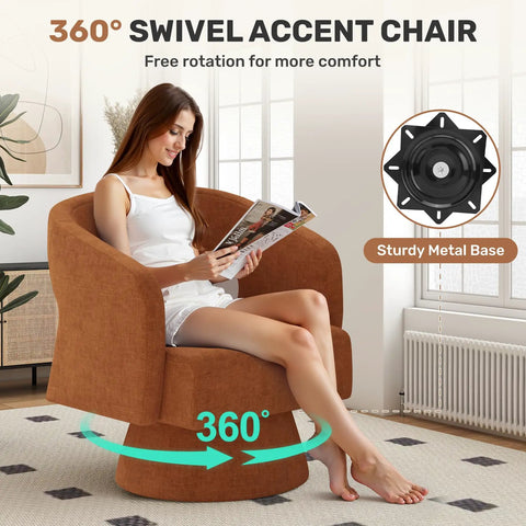 Woman sitting on Swivel Accent Chair Set Of 2 In Soft Chenille, Modern Barrel Chairs with round arms in a living room.