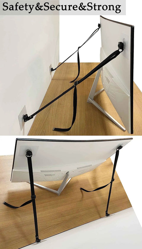 Two Pack Adjustable TV Safety Straps No Drill Adhesive Anti Tip Furniture Anchors securing a flat screen TV to a wall and desk.
