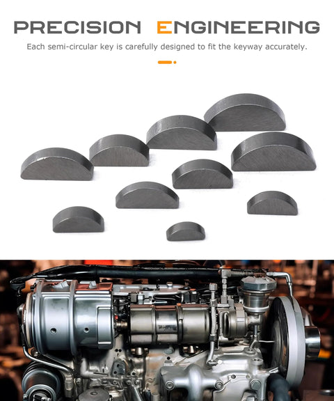 Front view of Woodruff half-moon keys; 120-piece metal key stock in 10 sizes for flywheels (engine in background).
