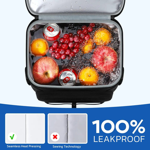 Top view of Leakproof Insulated Backpack Cooler For 33 Cans Soft Cooler Bag with fruits and cans inside, showing leakproof feature.