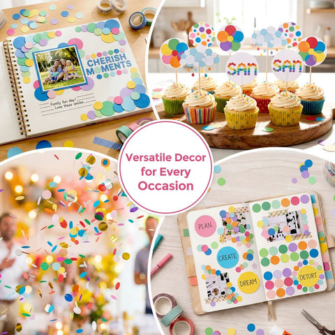 Image showing Three Circle Paper Punch Set used for scrapbook pages and party decor with colorful circles for crafting DIY projects.