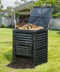 Garden Compost Bin 80 Gallon Large Outdoor Composter with Top Lid and Bottom Door, BPA Free, in a backyard setting