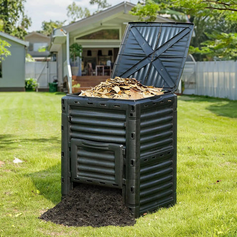 Garden Compost Bin 80 Gallon Large Outdoor Composter with Top Lid and Bottom Door, BPA Free, in a backyard setting