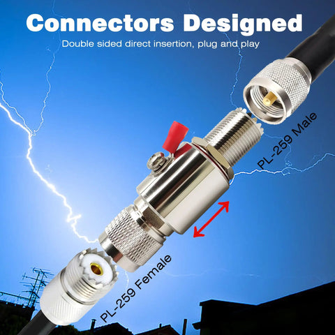 UHF PL259 Male to Female Lightning Arrester and SO239 Coaxial Surge Protector for VHF Two Way Radio Antenna with 50 Ohm Impedance