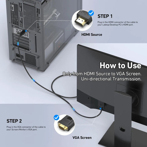 HDMI To VGA Cable 6 Feet Unidirectional Male To Male connecting computer to VGA monitor, plug and play for home office