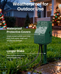 Outdoor Power Stake Timer With Six Grounded Outlets, 24-Hour Mechanical Timer, Waterproof installed on lawn near festive lights