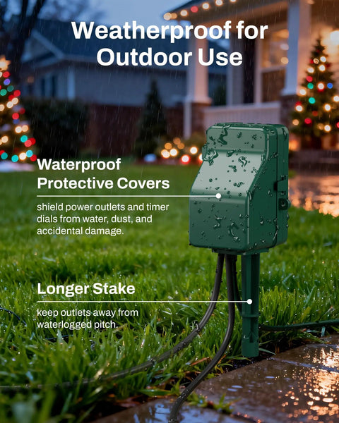Outdoor Power Stake Timer With Six Grounded Outlets, 24-Hour Mechanical Timer, Waterproof installed on lawn near festive lights