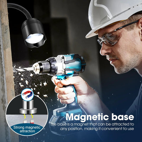 1200 Lumen Magnetic Work Light With Extendable 16 Inch Gooseneck And Strong Magnetic Base used on drill in a workshop
