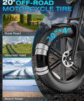 Close-up of 20-inch all-terrain tire on Electric Fat Tire Bike For Adults With 2500W Peak Motor, showcasing versatile surface capability.