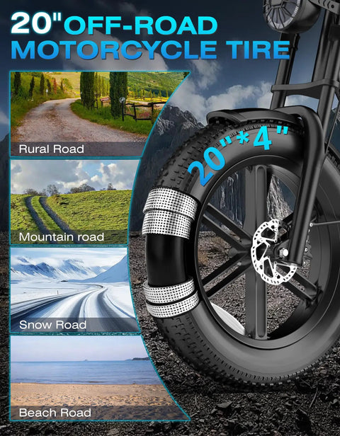 Close-up of 20-inch all-terrain tire on Electric Fat Tire Bike For Adults With 2500W Peak Motor, showcasing versatile surface capability.