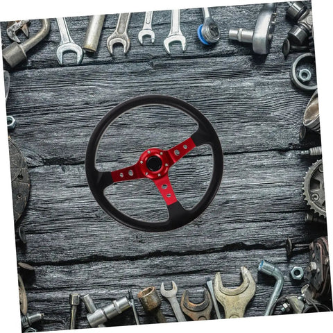 Universal 14 Inch Red PU Steering Wheel With Horn Button for Car Golf Cart and Racing Simulator, centered among tools