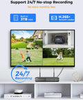 5MP Wireless Security Camera System With 8 Cameras Including PTZ And Bullet, 3TB HDD shown displaying multiple outdoor camera feeds