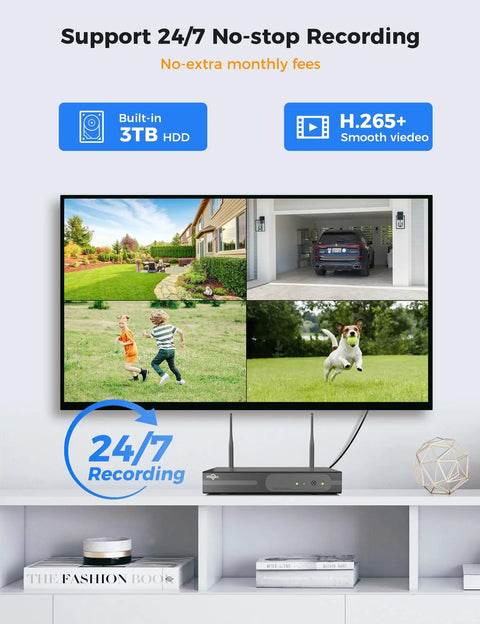 5MP Wireless Security Camera System With 8 Cameras Including PTZ And Bullet, 3TB HDD shown displaying multiple outdoor camera feeds