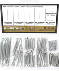 120 Piece Cotter Pins Assortment Kit 304 Stainless Steel 6 Sizes M1.6x25 M2.5x25 M2.5x40 M3.2x30 M3.2x40 M4x60 Durable For DIY Automotive Equipment Kindroufly, box with sorted pins visible.