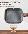 Nonstick Grill Pan For Stove Tops With Pour Spouts, Square 9.5 Inch Griddle pouring grease into a bowl