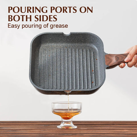 Nonstick Grill Pan For Stove Tops With Pour Spouts, Square 9.5 Inch Griddle pouring grease into a bowl