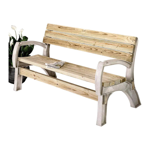 Customizable Outdoor Chair And Bench Ends Brackets For Any Size Seating Weatherproof Heavy Duty Resin DIY Friendly Build Your Own 2 Foot Chair To 6 Foot Bench With Easy Straight Cuts Sand Finish with wooden slats, potted plant beside.