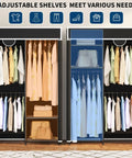 Beefy Heavy Duty Freestanding Portable Closet Organizer With Adjustable Carbon Steel Frame And Thick Vinyl Cover, showcasing adjustable shelves with clothes.