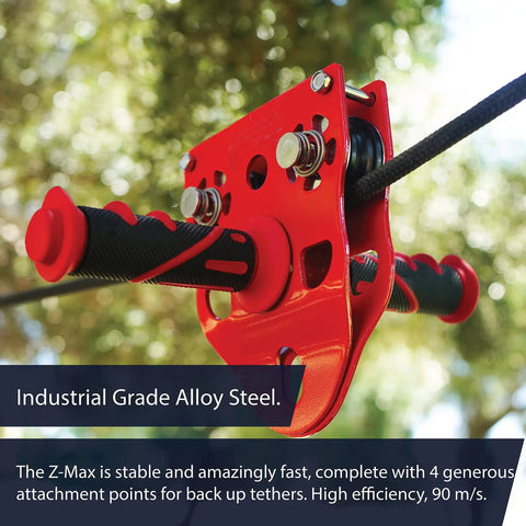 Heavy Duty Zipline Trolley With Stainless Steel Sheaves And Double Pulley, 23kN Rating, installed on a zipline.
