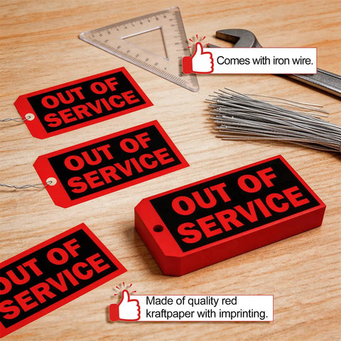 Straight-Up Red Out Of Service Tags With Galvanized Wire Ties, 200 Pack Heavy Duty Laminated Repair Required Lockout Signs For OSHA Wall Mounting Industrial Machine And Valve Inspection Safety Gear displayed on wooden surface.